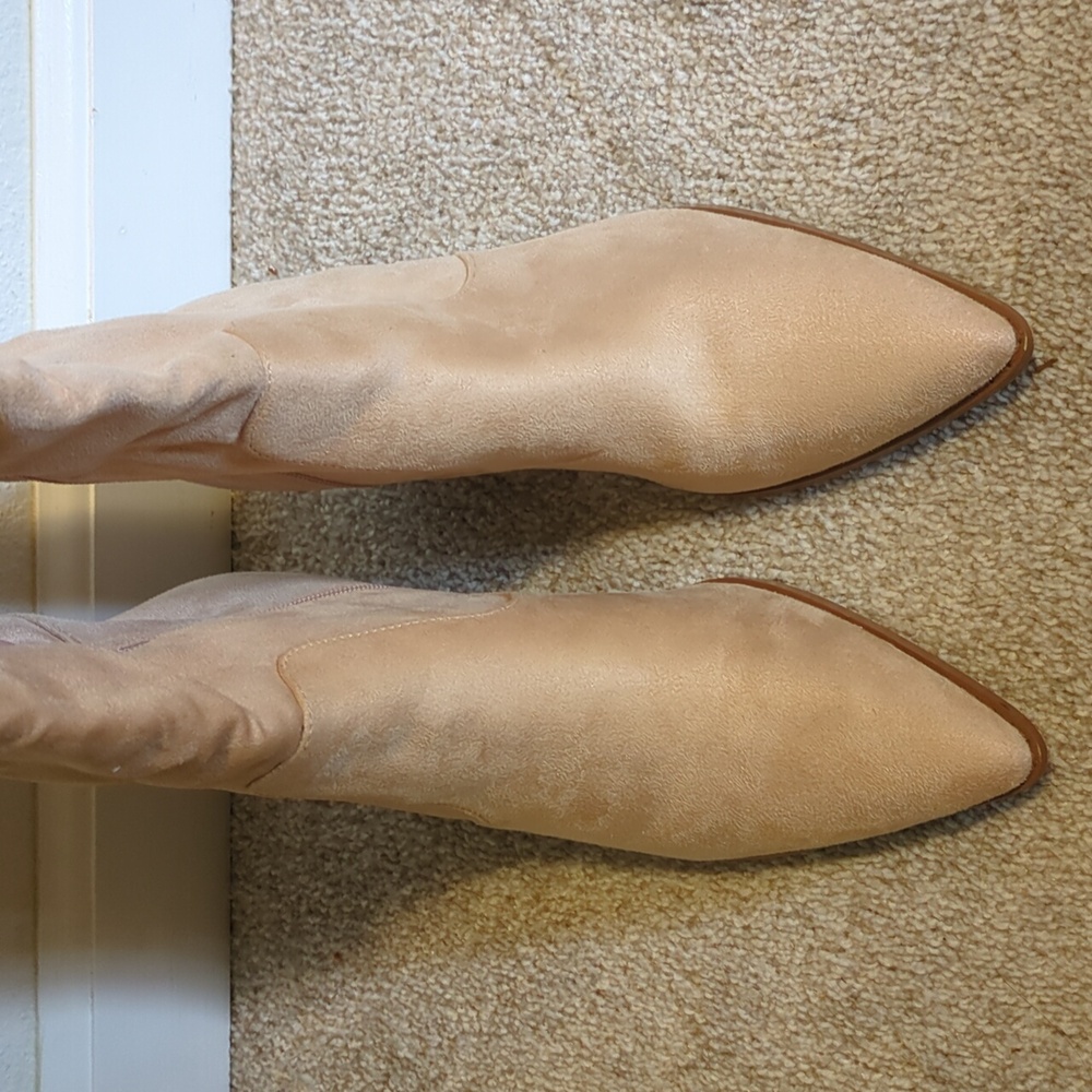 Coutgo Nude Faux Suede Knee High Boots Block Heel Pointed Toe - Picture 7 of 12